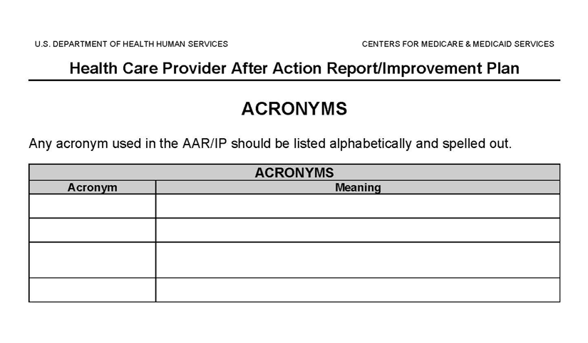 Acronyms template for an after action report.
