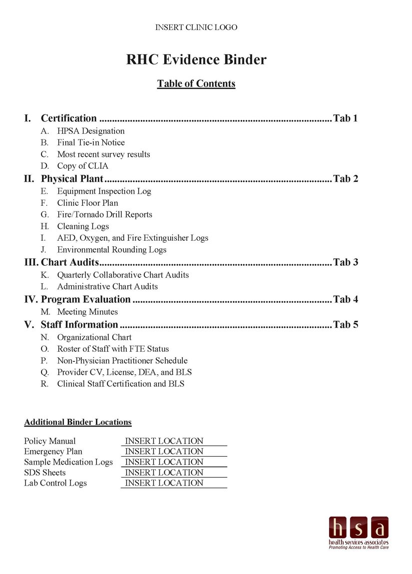 Example of a table of contents for an RHC Evidence Binder.
